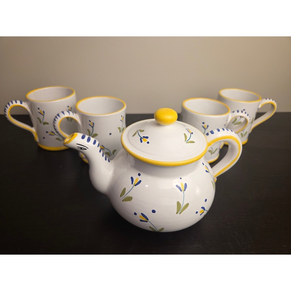 Shafford St Tropez Tea Set Hand Painted Italy Strata Group Teapot 4 Mugs Vintage